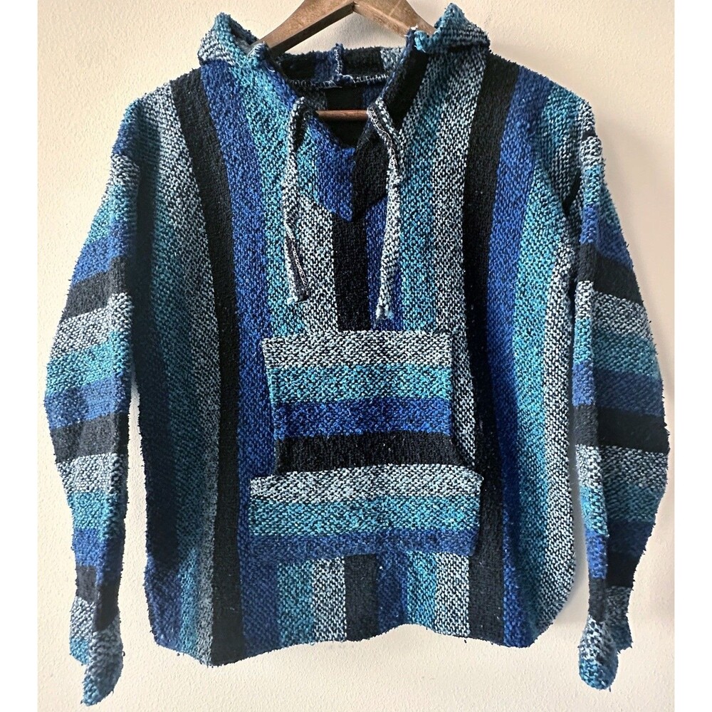 Artesanias Blue Baja Hoodie Youth M Vintage Striped Hippie Surf Pullover GUC